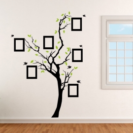 Strom s rámečky na fotografie listím a ptáčky - vinylová samolepka na zeď